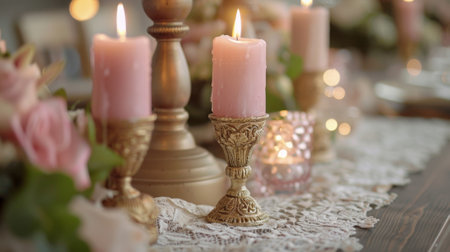 A feminine and elegant dining table setting featuring soft pink candles in intricate gold candle holders. The soft glow of the candles complements the delicate lace table runner anの素材