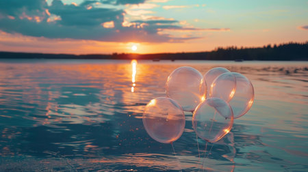A serene lake setting with several transparent inflatable balloons floating gently on its surface reflecting the vibrant sunset skyの素材
