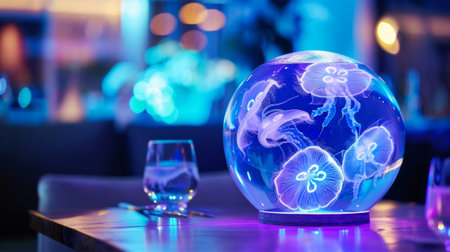 A tasteful and luxurious dining table centerpiece showcasing a stunning spherical aquarium filled with mesmerizing moon jellyfish illuminated by LED lights in shades of blue and purpleの素材