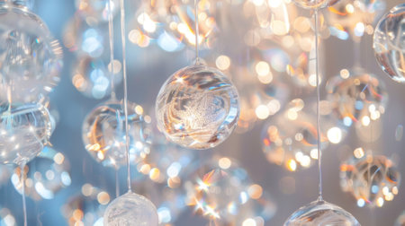 A wall hanging made of layered translucent orbs that catch and reflect light in a sparkling wayの素材