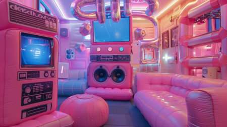 The room also features a massive inflatable boombox paying homage to the iconic music players of the 2000sの素材