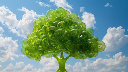 A green inflatable 3D tree with a bumpy and textured surface representing growth and stabilityの素材
