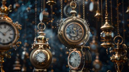 An ethereal display of antique clocks that appear to be levitating in midair. Each clock has a unique design and stands out against a moody starry backgroundの素材