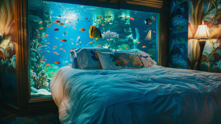 Dive into slumber in this aquaticthemed bedroom featuring a bed with a builtin aquarium headboard showcasing a vibrant school of tropical fishの素材