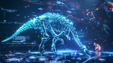 Holographic dinosaur skeleton displaying futuristic paleontology technologyの素材
