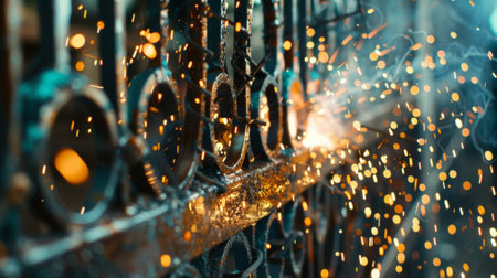 In the midst of a flurry of sparks a welder creates intricate patterns with their welding torch adding decorative details to a metal gateの素材