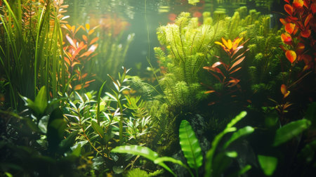 A lush planted aquarium overflowing with lush greenery and underwater plants creating a tranquil oasis and a focal point for any roomの素材