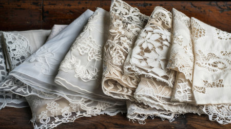 A collection of lace handkerchiefs with various lace types including Chantilly crochet and Brussels. Each one a unique work of artの素材