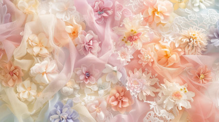Twirling ribbons of lace add a playful touch to an array of blossoming pastel flowers in this sweet and lively designの素材