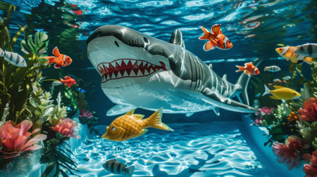 A giant inflatable shark floats ominously in the shallow end of a pool while tropical fish and seaweed decorations give the illusion of an underwater adventureの素材