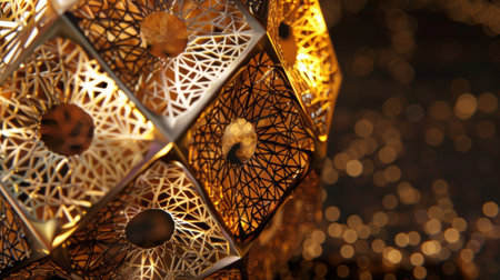 A single inflated dodecahedron intricately patterned in shades of metallic gold reflecting its surroundingsの素材