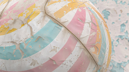 A retroinspired beach ball with muted pastel stripes and a faded worn look. Perfect for a game of catch on a sunny day at the beachの素材