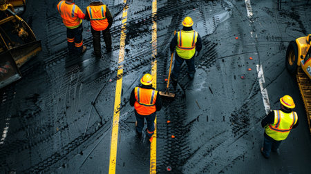 The stark contrast of bright yellow safety vests against the dark pavement depicts the dedicated workers on their mission to improve the roadsの素材