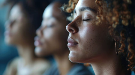 A small group of individuals sitting peacefully in meditation eyes closed and minds at easeの素材