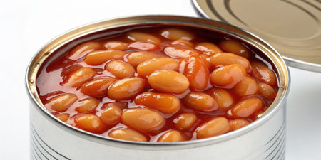 Canned Beans A deep view into a can of cooked beans the glossy beans layered together in a rich savory sauce showcasing their plumpness and vibrant earthy tones..の素材