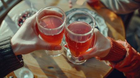 A young couple clinking glasses of chilled pomegranate tea grateful for each others companyの素材