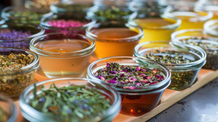 A colorful array of freshly brewed herbal infusions displayed on a table ready for samplingの素材