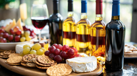 A selection of nonalcoholic wine bottles in different colors and sizes is beautifully arranged next to a platter of crunchy crackers and various cheeses ready for guests to enjoyの素材