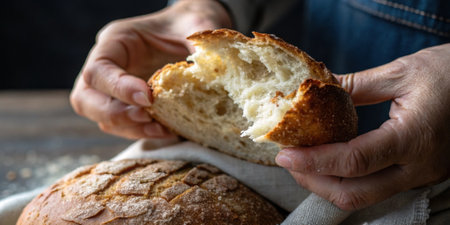 Enjoying Textures A closeup shot of a hand gently breaking a piece of bread capturing the crusty surface and soft interior highlighting the importance of engaging the senses while.の素材
