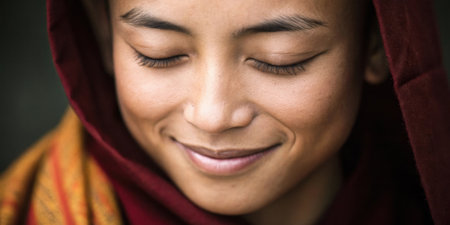Calm Expression A closeup of a persons serene face eyes gently closed with a peaceful smile embodying tranquility and mindfulness during meditation..の素材