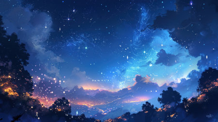 The ling night sky particles created a breathtaking contrast against the deep blue backdrop like a tering of precious gemsの素材