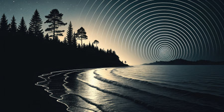 shadows and light waves ripple across the deep black background creating a sense of nostalgic disruption..の素材