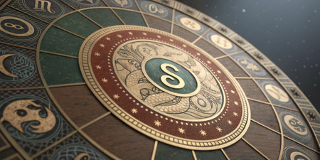 S Emphasis The Zodiac Wheel with an elegant s illustration curling around the S segment adorned with intricate scales and a subtle shine to exemplify its significance..の素材