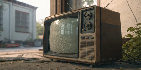 Worn Out Screen A tired old TV emits a gentle hum as its screen displays only a sea of grainy static the edges of the glass slightly faded as if capturing years of animated.の素材