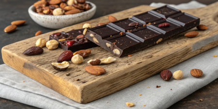 Chocolate with Nuts Chunks of dark chocolate mixed with unsalted nuts are displayed on a rustic wooden board. The contrast between the dark chocolate and the earthy tones of the.の素材