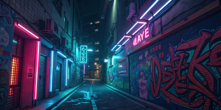 Techno Alley A narrow alleyway filled with illuminated graffiti art and neon tubes. The alley appears interspersed with digital noise as distorted flashes of light add an.の素材