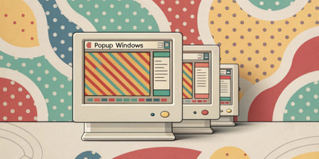 Retro Reflection A pixelated desktop adorned with a vintage wallpaper of abstract shapes. A multitude of popup windows overlap some transparent displaying cheerful patterns of.の素材