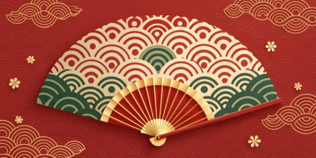 Joyful Exchange A fan showcasing interconnected gold ss and jadelike circular patterns set against a rich red background symbolizing joyful exchanges during the New Year..の素材