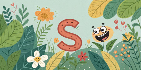 Playful S A whimsical s with a playful expression surrounded by cartoonish flowers and leaves in bright cheerful greens and earth tones..の素材