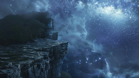 At the edge of the cliff the starry mist seemed to radiate from the depths below like a celestial portal to another realmの素材