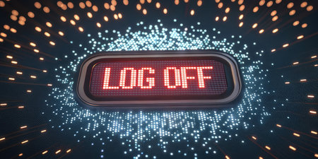 Retro Radiance A closeup view of a pixelated Log Off button surrounded by a cascade of sparkling pixels. The button brightens and dims rhythmically evoking a sense of urgency and.の素材