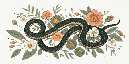 Floral Serpent A s adorned with floral designs featuring blooming flowers in green and earth tones creating a harmonious balance with nature..の素材