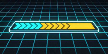 Retro Circuit A loading bar with a jagged edge design illuminated in bright yellow and cyan set against a deep black grid creating a nostalgic computer feel..の素材