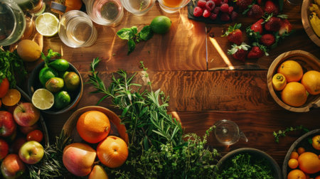 In the center of the table a variety of fresh fruits and herbs can be seen ready to be used in the creation of custom mocktail recipesの素材