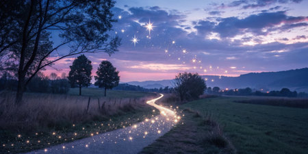 Twilight Path The cursor sparkles like a meteor casting a glittering pathway of luminous stars that le and shimmer invoking a sense of wonder and nostalgia..の素材