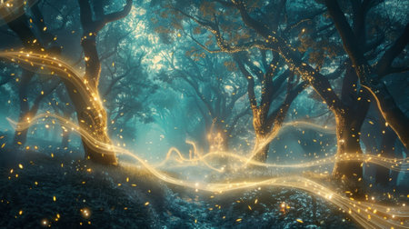 Dancing tendrils of mist creating an otherworldly aura in a forest of luminescent treesの素材