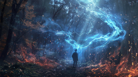 A young boy stumbled upon a hidden clearing in the woods where enchanted lightning sparks swirled and swished around him filling him with wonder and aweの素材