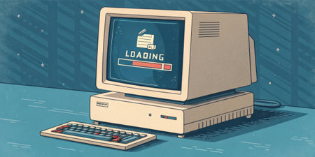 Static Background A vintage computer screen is filled with a loading animation surrounded by a frame of flickering static. The load bar fills slowly moving from left to right while.の素材