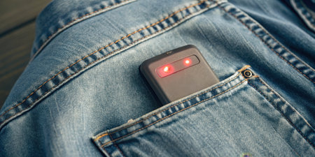 Soft Denim Pocket A closeup of a faded denim pocket the edges slightly frayed. A small rectangular pager peeks out its tiny LED light flashing rhythmically in a gentle red hue.の素材