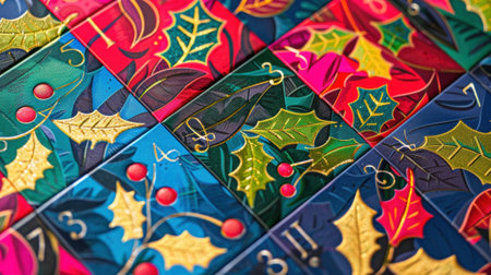 A vibrant colorful advent calendar with numbered pockets each one adorned with a festive design of holly leaves and berriesの素材