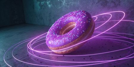 Shimmering Torus A glowing donutshaped torus radiates in luminous purple suspended in midair with dynamic light trails swirling around it. The background features a grunge texture.の素材
