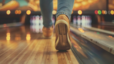 Man walking towards bowling pins on lane in bowling alleyの素材