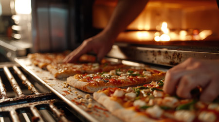 Pizza chef arranging pizzas on metal tray before bakingの素材