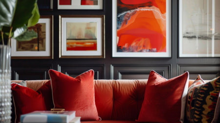 Modern living room with red velvet sofa and gallery wall displaying colorful abstract artの素材