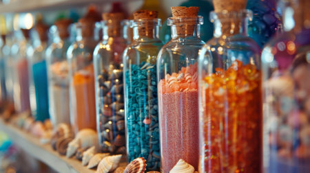 Glass bottles filled with colorful sand and seashells creating gradientの素材