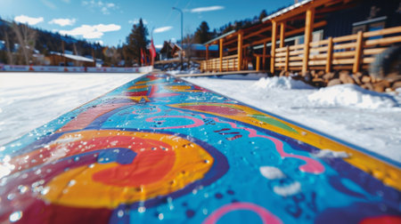 Colorful ice hockey rink boards waiting for players in winterの素材